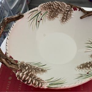 FITZ & FLOYD Forest Frost Holiday Bowl 12” Diameter Handpaintrd